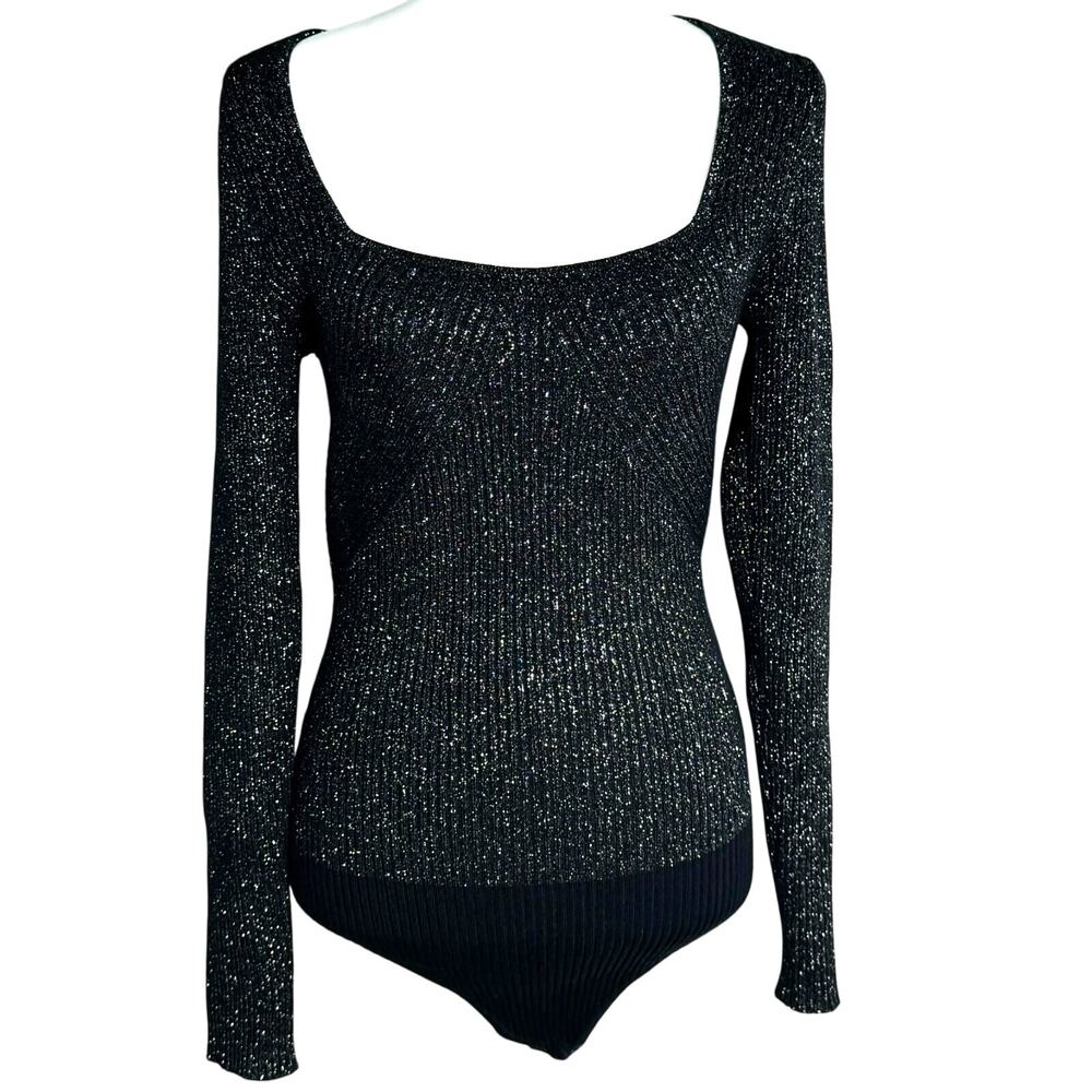 ABERCROMBIE & FITCH Large Black Silver Metallic Long Sleeve Ribbed Knit Bodysuit